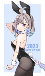 1girls 2023 ahoge arched_back ass back bare_back bare_shoulders bird_tail blue_hair braid bunny_ears bunny_ears_headband bunny_tail bunnysuit butt daru_(jdthunderhawk) detached_collar enna_alouette exposed_shoulders feathered_tail gray_hair grey_hair happy_new_year headband legwear looking_at_viewer nijisanji nijisanji_en pantyhose purple_hair short_hair side_braid side_view sideboob small_breasts solo solo_female solo_focus two_tone_hair virtual_youtuber wrist_cuffs