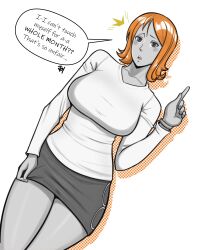 2022 absurd_res absurdres big_breasts breasts clothed clothing dialogue english_text female female_only fully_clothed hi_res high_resolution highres human joylewds large_breasts light-skinned_female light_skin nami nami_(one_piece) no_nut_november one_piece orange_hair pre-timeskip restricted_palette short_hair skirt solo solo_female speech_bubble spot_color standing text thick_thighs