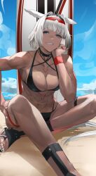 1girls abs animal_ears beach biceps big_breasts bikini blazpu blue_eyes body_markings caenis_(fate) cleavage dark-skinned_female dark_skin eyewear_on_head female_only looking_at_viewer muscular muscular_female navel solo sunglasses_on_head surfboard swimsuit tagme white_hair