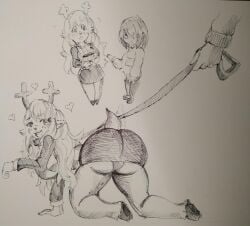 1girls all_fours anthro antlers ass big_ass big_breasts breasts collar crawling deer deltarune femsub freckles fur furry hand_drawn happy_sub heart heart_tag hooves huge_ass huge_breasts human_on_anthro kris_(deltarune) larger_female leash legs monochrome noelle_holiday petplay pikapika212 reindeer size_difference small_dom_big_sub smile tail tailwag thick_ass