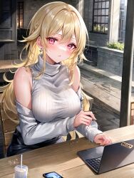 1girls ai_generated bangs bare_shoulders blonde_hair blush breasts cellphone chair computer cup detached_sleeves earrings female hair_between_eyes jewelry laptop large_breasts long_hair long_sleeves looking_at_viewer myrr outdoors phone pink_eyes sitting skirt smartphone solo solo_focus stable_diffusion sweater table turtleneck white_sweater