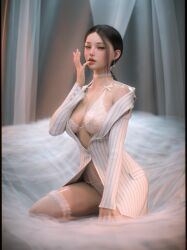 1girls 2022 3d asian asian_female black_hair clothed clothing earrings female female_only indoors lingerie medium_breasts on_knees pale-skinned_female pale_skin shoelac3 solo solo_female striped striped_clothes striped_clothing striped_shirt wet_skin white_lingerie