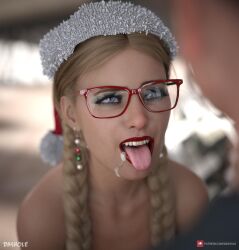 1boy 1girls 2022 3d age_difference alice_(dashole) blonde_hair blue_eyes christmas cum cum_in_mouth cum_inside dashole earrings female female_focus glasses lipstick male older_male open_mouth original original_character red_glasses red_lipstick straight swallowing swallowing_cum younger_female