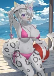 1girls anthro arctic_fox beach bikini blush braid canine commission etivka female female_only fox freya_(xaineth) fur furry furry_only grey_fur grey_hair hair_lift hair_over_one_eye hi_res long_hair looking_at_viewer purple_eyes seaside sitting smiling smiling_at_viewer solo spotted_body spotted_fur spotted_markings tail white_body white_fur