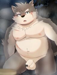 anthro balls belly brown_body brown_fur canid canine canis domestic_dog foreskin fur genitals half-closed_eyes hi_res humanoid lifewonders male male_only mammal moritaka mostly_nude narrowed_eyes overweight penis slightly_chubby solo tokyo_afterschool_summoners zuboboz