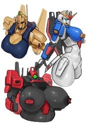 antennae_(anatomy) breasts dark_body earth_federation female genitals gesture gold_body group gundam hi_res horn humanoid hyaku_shiki machine mecha mobile_suit navel nipples pussy rick_dias robot robot_girl robot_humanoid side_boob slightly_chubby thumbs_up tozamtr trio z_gundam zeta_gundam