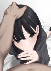 black_hair black_pubic_hair black_shirt brown_nails fellatio female fingernails highres kaminari_doon looking_at_viewer male_pubic_hair medium_hair nail_polish oral pov pubic_hair shirt solo_focus straight