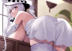 1girls ass azur_lane bent_over blue_eyes breasts elbow_gloves garter_straps gloves highres huge_breasts illustrious_(azur_lane) legwear long_hair looking_at_viewer panties wee_(weeyy) white_hair white_legwear