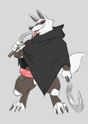 anthro black_sclera bodily_fluids canid canine canis cloak clothing death_(puss_in_boots) dripping erection genital_fluids hi_res hupi1008 licking male male_only mammal precum precum_drip red_eyes sickle solo tongue tongue_out wolf wristband