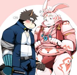 2boys anthro asian_clothing bearlovestiger13 blush canid canine canis clothed clothing domestic_dog duo east_asian_clothing erection erection_under_clothing eyebrows fundoshi fur gay grey_body grey_fur inaba_(tokyo_afterschool_summoners) japanese_clothing lagomorph leporid lifewonders male male/male male_only mammal moritaka pecs rabbit scar thick_eyebrows tokyo_afterschool_summoners touching_bulge underwear yaoi