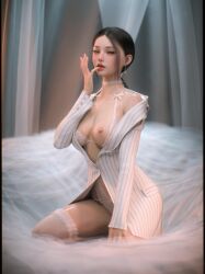 1girls 2022 3d asian asian_female black_hair clothed clothing earrings female female_only indoors lingerie medium_breasts on_knees one_breast_out pale-skinned_female pale_skin shoelac3 solo solo_female striped striped_clothes striped_clothing striped_shirt wet_skin white_lingerie