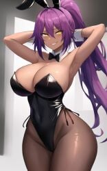 ai_generated bangs big_breasts bleach breasts bunny_ears bunnygirl bunnysuit child_bearing_hips dark-skinned_female large_breasts latex merukuma playboy_bunny ponytail purple_hair rabbit_ears shihouin_yoruichi shiny_clothes smile smirk stable_diffusion tagme thick_thighs thunder_thighs tight_clothing wide_hips yellow_eyes