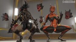 2girls 3d ass big_ass big_breasts breasts curvy curvy_figure duo duo_female female glowing_genitalia hourglass_figure peace_sign presenting presenting_hindquarters presenting_pussy spread_legs squatting v_sign valkyr_(warframe) voruna_(warframe) warframe wide_hips