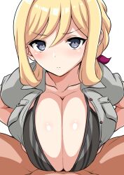 1boy 1girls alice_gear_aegis bikini bikini_under_clothes black_bikini black_eyes blonde_hair blush breast_pocket breasts breasts_squeezed_together cleavage collarbone engulfing_paizuri female highres large_breasts light-skinned_female light-skinned_male light_skin long_hair looking_at_viewer open_clothes open_shirt paizuri paizuri_under_clothes pocket pov rita_henschel short_sleeves solo_focus spread_legs straight swimsuit tawashi1623 unbuttoned unbuttoned_shirt v-shaped_eyebrows