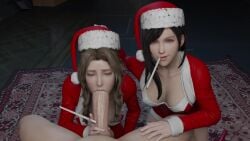 1boy 2girls 3d aerith_gainsborough animated assisted_fellatio big_penis black_hair blowjob brown_hair cigarette cigarette_in_mouth cigarette_smoke deepthroat erection fellatio final_fantasy final_fantasy_vii final_fantasy_vii_remake gamingarzia holding_cigarette huge_cock oral penis santa_costume santa_hat smoke smoking sound tifa_lockhart video