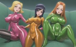 3girls ai_generated alex_(totally_spies) bodysuit cameltoe clover_(totally_spies) erect_nipples_under_clothes female latex latex_bodysuit latex_boots latex_breasts latex_clitoris latex_clothing latex_gloves latex_legwear latex_nipples latex_stockings latex_suit latex_thigh_highs latex_thighhighs latex_vagina naughty_face nipple_bulge sam_(totally_spies) shiny skin_tight stable_diffusion thighs totally_spies