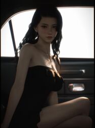 1girls 2022 3d alternate_lighting alternate_version_available asian asian_female black_dress black_hair brown_eyes brown_hair car_interior clothed clothing dress female female_only looking_at_viewer medium_breasts seated shoelac3 sitting solo solo_female vehicle_interior