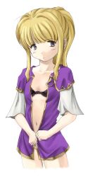 1girls bangs blonde_hair bra breasts clarine_(fire_emblem) female female_only fire_emblem fire_emblem:_the_binding_blade looking_at_viewer moritan navel nintendo ponytail small_breasts solo undressing