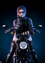 1girls 2022 3d boots clothed clothing female female_only fingerless_gloves front_view glasses gloves hexada69 motorcycle pinup seated sitting solo solo_female thighhigh_boots thighhighs