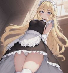 adrian2605 ai_generated anything_diffusion bare_thighs blonde_female blonde_hair blonde_hair_female blush blushing_at_viewer elbow_gloves female female_only gloves indoors kneehighs kneesocks long_hair looking_at_viewer maid maid_apron maid_headdress maid_outfit maid_uniform mario_(series) panties princess_peach smile smiling smiling_at_viewer smirk smirking smirking_at_viewer solo stable_diffusion thighs upskirt viewed_from_below white_elbow_gloves white_knee_socks white_kneehighs white_socks