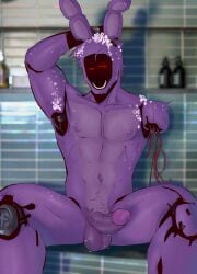 boner bonnie_(fnaf) five_nights_at_freddy's large_penis male male_only muscular nk63171432 purple_fur red_eyes showering sitting_on_floor soap_bubbles withered_bonnie