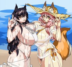 2girls animal_ears ass atago_(azur_lane) azur_lane beach big_breasts black_hair blush breast_press breasts busty captain_kirb clothing crossover cum cum_in_hair cum_on_arm cum_on_body cum_on_breasts cum_on_clothes cum_on_face cum_on_hand cum_on_thighs fate/grand_order fate_(series) female female_only fox_girl fox_tail hat huge_breasts large_breasts looking_at_viewer multiple_girls ocean outside pink_hair sand sweat swimsuit tail tamamo_no_mae_(fate) tamamo_no_mae_(swimsuit_lancer) thick_thighs tongue tongue_out water wide_hips yellow_eyes