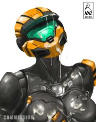 2d armor armour breast_grab breast_squeeze busty commission cum cum_drip cum_on_breasts cum_on_helmet cum_trail halo_(series) helmet nazreizo_(artist) oc shaded skin_tight spartan_(halo) techsuit tilted_head visor