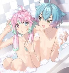 2boys ahoge animal_ears bangs bathing bathtub blue_hair blush bubble collarbone colored_tips commission completely_nude covered_nipples crossed_bangs dutch_angle eyelashes feet_out_of_frame femboy feminine feminine_male gay girly gradient_hair green_eyes green_hair hand_up hands_up heterochromia hi_res high_resolution highres indie_virtual_youtuber linechu looking_at_another looking_to_the_side male_focus male_only medium_hair multicolored_hair multiple_boys nude open_mouth otoko_no_ko pink_hair potti-p rabbit_ears shirybun sidelocks sitting skeb_commission soap_bubbles trap two-tone_hair upper_body virtual_youtuber yaoi