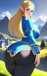 ai_generated breasts breath_of_the_wild butt butt_focus cameltoe castle elf_ears huge_butt landscape large_breasts large_butt looking_at_viewer looking_back mountain n.c.b_ai nai_diffusion nintendo princess_zelda stable_diffusion the_legend_of_zelda tight_clothing zelda_(breath_of_the_wild)