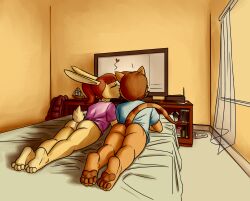 1boy 1girls 2020s 2021 4_toes annie_hill anthro anthro_on_anthro arm_support ass bed_sheet bedding biped black_eyelashes blue_clothing blue_shirt blue_t-shirt blue_topwear bottomless bottomless_female bottomless_male brown_body brown_fur brown_hair brown_pawpads brown_stripes cheek_tuft closed_eyes clothed clothing curtains detailed_background digital_media_(artwork) domestic_cat duo dutch_angle extended_legs extension_cord eyelashes faceless_anthro faceless_character faceless_male facial_tuft fan_character feet felid feline felis female fur fur_tuft grey_bed_sheet grey_bedding hair heart hi_res humanoid_feet inside internal_wall josh_kass kissing kissing_cheek lagomorph leaning_on_elbow leporid lying male mammal markings model_ship nickelodeon on_front pawpads pink_clothing pink_shirt pink_t-shirt pink_topwear plantigrade prick_ears rabbit red_hair redout romantic romantic_couple router scut_tail shadow shirt short_hair short_tail soles striped_markings striped_tail stripes t-shirt t.u.f.f._puppy tail tail_markings tan_body tan_fur television television_stand thick_eyelashes toes topwear tuft wall_(structure) window young