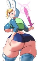 1girls adventure_time ass backpack bag big_ass big_breasts blonde_hair blue_eyes breasts cartoon_network eye_contact female female_only fionna_the_human_girl headwear huge_ass human legwear looking_at_viewer looking_back microskirt miniskirt pale_skin panties skirt skirt_too_short solo sword thick_thighs thighhighs upskirt weapon ytrall