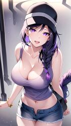 2023 ai_generated big_breasts bracelet cap cleavage curvaceous curvy_body curvy_female curvy_figure female_focus female_only genshin_impact hair_braid jean_shorts long_hair looking_at_viewer mihoyo open_mouth ponytail purple_eyes purple_hair raiden_shogun shorts stable_diffusion thick_thighs unbuttoned_shorts voluptuous_female