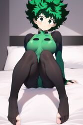 ai_generated bodysuit female_deku genderswap_(mtf) green_eyes green_hair izuku_midoriya knees_together_feet_apart messy_hair my_hero_academia nai_diffusion on_bed rubycks rule_63 small_breasts stable_diffusion very_short_hair wide_eyed