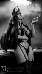 3d 3d_(artwork) big_breasts black_and_white bra breasts cigarette coat cropped_legs garter_belt horns legs_together lingerie long_hair navel nsfw picture pointy_ears pool_table pubic_tattoo sinia smoke smoking standing stockings succubus tattoo thighhighs vchansfm