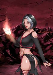 2d big_breasts big_thighs black_hair breasts dagger female female_only fire mortal_kombat sareena solo solo_female solo_focus thighs thotlerrr toned toned_female treartz white_hair