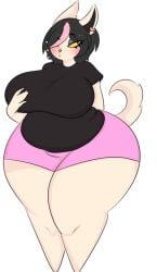 ameliemercedez anthro belly big_breasts black_hair blush bottomwear breasts catti_(deltarune) clothed clothing curvy_figure deltarune domestic_cat ear_piercing ear_ring eyeliner eyeshadow felid feline felis female front_view frown fur hair hair_over_eye hand_on_breast highlights_(coloring) huge_breasts huge_hips huge_thighs looking_aside love_handles makeup mammal mascara nervous one_eye_obstructed overweight overweight_anthro overweight_female piercing pink_highlights ring_piercing shirt short_hair shorts simple_background solo thick_thighs tight_clothing tight_shirt tight_topwear topwear undertale_(series) voluptuous white_body white_fur wide_hips yellow_sclera