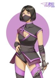 2d black_hair breasts edenian female female_only mask masked masked_female mileena mortal_kombat mortal_kombat_11 solo solo_female solo_focus tarkatan thighhighs thighs thotlerrr treartz yellow_eyes