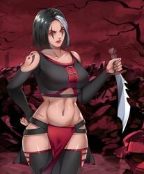 1girls 2d big_breasts big_thighs black_hair breasts dagger female female_only fully_clothed knife mortal_kombat sareena solo solo_female solo_focus thighs thotlerrr toned toned_female treartz weapon white_hair