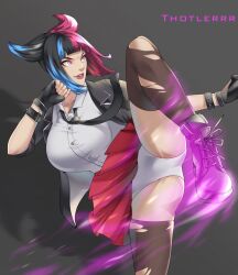 abs black_hair breasts capcom dyed-hair dyed_hair female female_focus female_only juri_han kick kicking muscular muscular_female panties school_uniform school_uniform_juri schoolgirl skirt skirt_lift smile smiling solo solo_female solo_focus street_fighter street_fighter_6 thotlerrr toned_female torn_legwear treartz upskirt