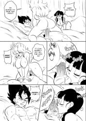 1boy 2girls barn big_ass big_breasts big_penis black_and_white bulma_briefs bulma_briefs_(post_saiyan_saga) chichi comic cowgirl_position cumming dragon_ball dragon_ball_super dragon_ball_z farmer ffm_threesome funsexydragonball licking moaning monochrome pout sucking_balls sucking_testicles threesome vegito