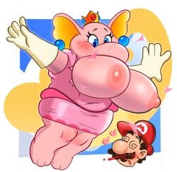 1boy 1girls anthro big_breasts boobtardd breasts crown dizzy earrings elephant elephant_peach exposed_breasts gloves hearts_around_head huge_breasts mario mario_(series) nintendo nipples nosebleed pink_skin princess_peach super_mario_bros._wonder torn_clothes torn_clothing torn_dress wardrobe_malfunction