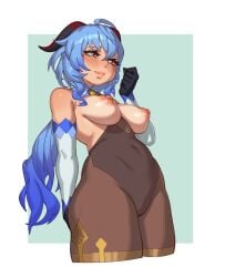 1girls ahoge bangs bare_shoulders bell blue_hair blush breasts collar detached_sleeves female female_focus female_only ganyu_(genshin_impact) genshin_impact gloves hi_res horns lipstick long_hair long_sleeves medium_breasts nipples orange_eyes pantyhose perky_breasts ponytail purple_eyes rizdraws solo source_request thick_thighs thighs uncensored year_request
