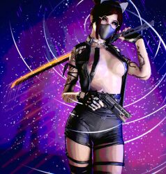 3d armbands breasts_out buns cat_ears freckles glasses gloves gun hair harness jacket lilith_fulker mask nopixel perky_breasts sci-fi shorts stockings sword tattoos virtamate