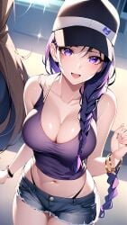 1girls 2023 ai_generated big_breasts bracelet cap cleavage curvaceous curvy_body curvy_female curvy_figure female_focus female_only genshin_impact hair_braid jean_shorts long_hair looking_at_viewer mihoyo open_mouth ponytail purple_eyes purple_hair purple_topwear raiden_shogun seductive_look shorts stable_diffusion thick_thighs voluptuous_female