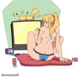 1girls 1pokemon annoyed ass back_view bad_anatomy blonde_hair female gamecube gamecube_controller looking_at_viewer metroid nintendo panties panties_only pikachu pokémon_(species) pokemon samus_aran simple_background sitting super_smash_bros. tied_hair topless tv zeromomentai