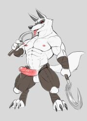 anthro black_sclera bodily_fluids canid canine canis death_(puss_in_boots) dripping erection genital_fluids hi_res hupi1008 licking male male_only mammal muscular muscular_male nipples pink_nipples precum precum_drip red_eyes solo tongue tongue_out wolf wristband