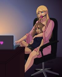 2017 arm_around_partner artist_name artist_signature ball_gag blonde_hair bondage breast_pillow brown_hair femdom femsub gag gagged happy_sub head_between_breasts laptop lezdom moriwth sitting size_difference small_dom_big_sub watching yuri