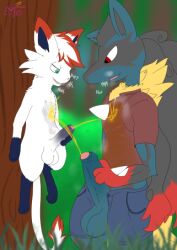 anthro bodily_fluids clothing duo eminto feral foreskin forest generation_1_pokemon genital_fluids genitals hisuian_form hisuian_zorua humanoid_genitalia humanoid_penis hybrid kai_mew-(character) legendary_pokemon low_res lucario male male/male mega_evolution mega_lucario mew_(pokemon) nintendo peeing penis plant pokémon_(species) pokemon pokemon_(species) regional_form_(pokemon) tree urine urine_on_chest watersports