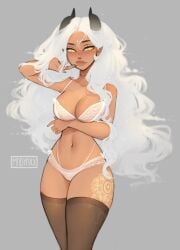 big_breasts black_horns cloudbae madyaxx navel_piercing underwear white_hair white_underwear wide_hips