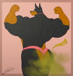 anthro ass back_muscles between_cheeks big_muscles black_nose blake_(juano) bodily_fluids bulge canid canine canis clothed clothing collar collar_only dobermann domestic_dog duo exercise fart fart_cloud fart_fetish farting_on_another flexing_muscles green_eyes huge_muscles juano leg_muscles looking_back macro male male/male mammal mane micro multicolored_body muscular muscular_anthro muscular_male nude pinscher presenting presenting_hindquarters prick_ears raised_tail rear_view short_tail simple_background size_difference sound_effects spiked_collar spikes tail thong thong_only topless two_tone_body underwear underwear_only workout